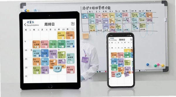 添翼护士排班管理功能预览,平板与手机并排展示周排班日历界面,不同班次用色块区分,背景为护士站白板上的手写排班表,画面融合传统与现代管理方式。