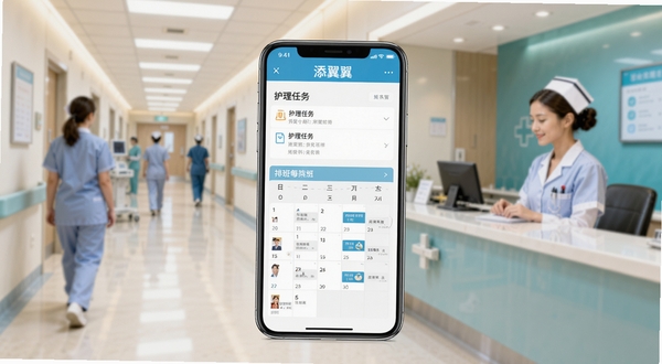 添翼护士软件主界面预览图,画面中央展示手机屏幕上的护理任务列表与排班日历,背景为模糊的医院走廊与护士站,整体色调清新明快,突出专业与温馨氛围。