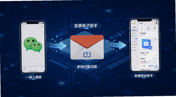 发票电子助手多端归集功能示意图,画面展示手机微信、邮箱与软件界面之间的数据流转,背景为蓝色科技感光效,强调一键导入的便捷性