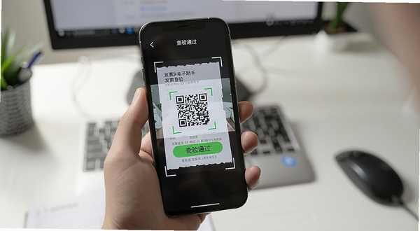 发票电子助手发票查验功能实拍,手机扫描发票二维码,屏幕显示查验通过状态,背景为办公桌面,强调快速准确