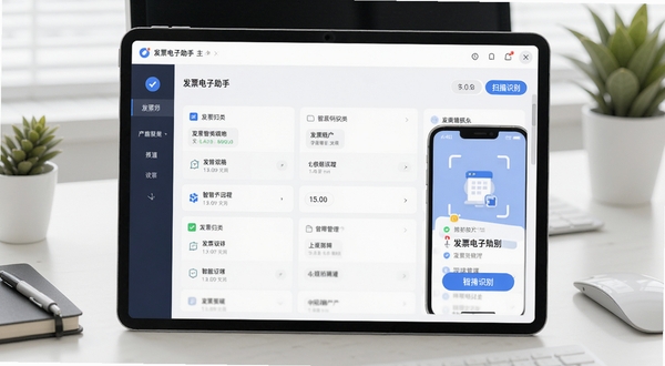 发票电子助手主界面预览图,展示发票归类列表与扫描识别功能,背景为整洁的办公桌面,软件界面风格现代简约,突出智能管理核心功能