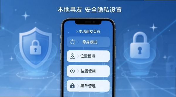 本地寻友安全隐私设置页面,手机界面清晰展示“隐身模式”、“位置模糊”、“黑名单管理”等选项,背景有盾牌与锁的图标,整体色调偏冷蓝,传递安全可靠的感觉。