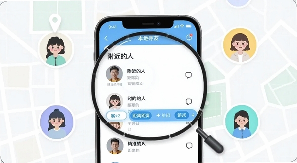 本地寻友功能展示图,画面中央是手机界面放大图,高亮显示“附近的人”列表与距离筛选选项,背景是简洁的网格地图,旁边有卡通人物图标,表现精准匹配与距离展示,图片风格清新现代。