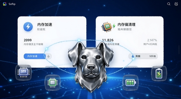 金属狗软件主界面概览,展示手机加速与内存清理两大核心功能卡片,背景为深蓝色科技感渐变,前景中央显示金属质感立体狗头图标,周围环绕悬浮的CPU、内存、电池图标,画面清晰明亮,风格简约现代
