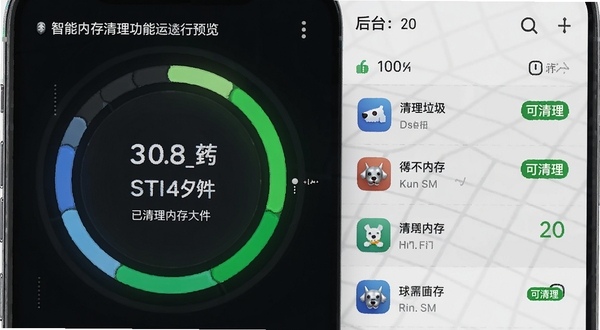 金属狗智能内存清理功能运行预览图,手机屏幕左侧显示已清理垃圾文件数量与释放内存大小的实时数据环形图,右侧展示后台应用列表,其中不常用应用被标记为“可清理”绿色标签,背景为浅灰色网格,突出数据对比,整体风格科技感十足