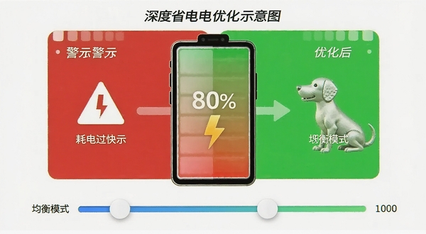 金属狗深度省电优化示意图,画面中央是一块智能手机电池,电量显示为80%并带有闪电标识,背景左半部分为耗电过快警示红色区域,右半部分为优化后绿色区域,下方有滑杆控件显示“均衡模式”,整体配色清爽,对比鲜明