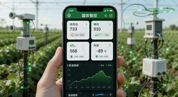 国农智控APP的农业物联网监控界面特写,高清手机屏幕占据画面中心,屏幕中显示各种传感器数据卡片与实时曲线图,背景为模糊处理的智慧农田与传感器硬件设备,画面以绿色科技光效点缀,突显数据可视化与精准农业概念,高质量渲染