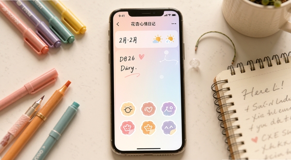 花杏软件心情日记功能的界面设计图,手机屏幕呈现一篇带有柔和渐变背景的日记编辑页,包含日期、天气图标和心情贴纸,周围散落着彩笔与笔记本,营造安静书写氛围,画面细腻温馨,突出情感表达