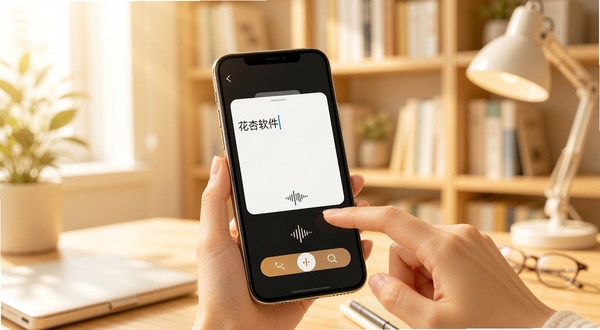 花杏软件灵感速记功能的操作演示图,画面中一只手正在点击手机屏幕上的快速记录按钮,手机界面出现简洁的文本输入窗口和语音波形图标,背景是明亮的书房环境,构图干净,突出高效记录场景,整体色调温暖