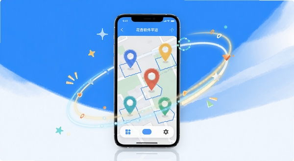 花杏软件更新日志内容配图,画面中央是一部正在展示新版地图功能的手机,屏幕上有彩色图钉标记地点,周围环绕轻快的线条元素,背景为清爽的蓝白配色,风格简洁现代,体现功能迭代与用户体验提升