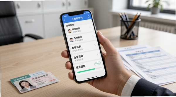 展示i长春软件内政务办事功能模块的截图预览图,画面中一部手机被手握着,屏幕显示办事指南列表和清晰的进度条,桌面上散落着身份证和几张表格,背景为简洁的办公室环境,光线自然,风格写实且具有生活气息,强调软件帮助用户节省时间、简化流程的核心价值。