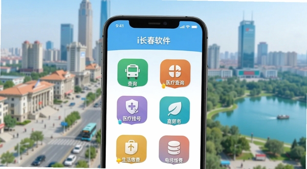 一张智能手机屏幕占据画面主要区域,屏幕内清晰显示i长春软件的主界面,包含彩色功能图标如公交查询、医疗挂号、生活缴费等,背景是模糊处理的长春市城市天际线,人民大街与南湖公园元素隐约可见,整体色调明亮清新,采用扁平化设计风格,突出软件的城市服务属性与便捷感。