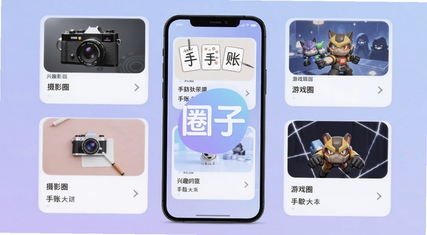 圈子APP主界面预览图,手机屏幕显示多个兴趣圈子卡片,如摄影圈、手账圈、游戏圈,背景为柔和的渐变蓝紫色,整体风格现代简约,界面元素清晰,突出社交属性,画面中心是APP名称“圈子”的logo水印,适合应用商店展示