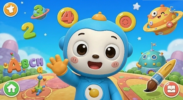 图图星球儿童早教软件主界面预览图,画面中央是卡通角色图图正开心地向小朋友招手,背景是色彩缤纷的星球乐园,包含数字、字母、画笔等学习元素,画面明亮活泼,卡通渲染风格,适配儿童审美