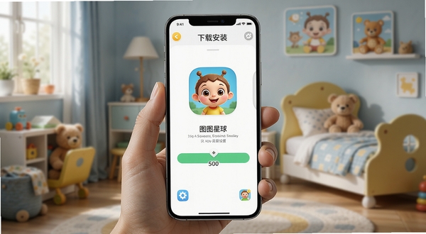 图图星球家长模式设置界面,图图星球APP在手机上的下载安装页面,背景为温馨的儿童房,手机屏幕中显示图图星球图标和安装进度条,画面清晰写实