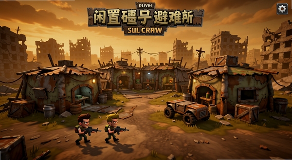 闲置僵尸避难所游戏主界面全景预览图,画面展示一个由废旧材料搭建的避难所基地,前景有手持武器的卡通角色巡逻,背景是破败的城市废墟与昏黄的天空,整体色调偏暖,突出末日生存与策略经营氛围