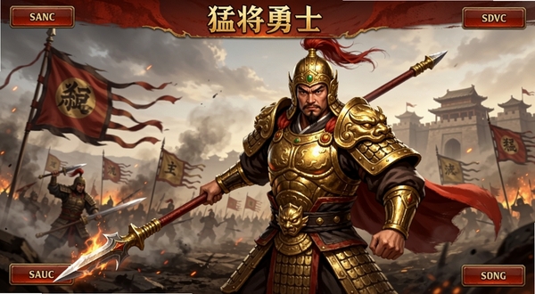 猛将勇士游戏主界面预览图,画面中央一名身穿金色铠甲的三国武将手持长枪,背景是硝烟弥漫的古战场与飘扬的战旗,远处有城池轮廓,UI按钮布局在画面四角,整体色调以红金为主,风格写实,光线明亮,展现游戏核心战斗氛围。