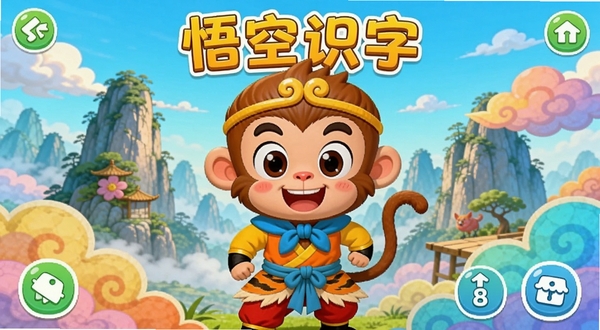 悟空识字App主界面,画面中央是卡通悟空形象,背景是花果山与彩色云朵,整体明亮活泼,儿童教育风格,UI清晰易读,适合3-8岁儿童观看