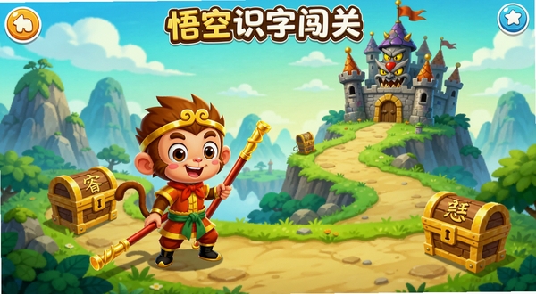 悟空识字闯关地图界面,悟空拿着金箍棒站在山路上,前方有妖怪城堡,路上分布着汉字宝箱,画面色彩鲜艳,卡通风格,儿童游戏化学习场景