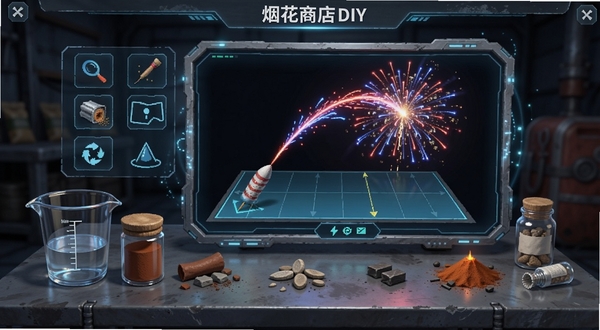 �̻��̵�ģ����DIY�䷽���棬����չʾһ������̨������ڷ��������ͻ�ҩԭ�ϣ���Ļ������һ���̻�����ģ����������Ԥ�����������̻���ըЧ����������пƼ��еĹ�����Ч