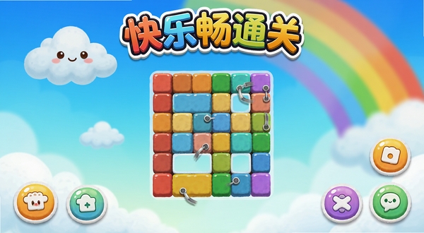 快乐畅通关游戏主界面预览图,画面中央是彩色方块组成的关卡地图,背景为渐变蓝天白云,有卡通风格的云朵和彩虹装饰,整体色调明亮活泼,UI按钮圆润可爱,游戏名称快乐畅通关以艺术字形式出现在画面上方,适配手机竖屏比例,高清渲染