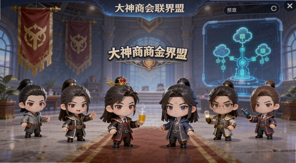 我是经营大神商会联盟界面预览,画面展示多名玩家的Q版角色站在商会大厅中,背景有联盟旗帜和科技树图标,界面友好流畅,突出多人协作氛围