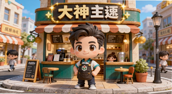 我是经营大神游戏主界面截图,画面中央是游戏主角站在一家装修精致的咖啡店前,背景是明亮的商业街,店铺招牌闪闪发光,整体采用Q版卡通渲染风格,色彩鲜艳活泼,突出经营养成主题