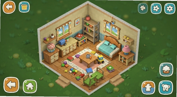游戏主界面展示小屋收纳整理师的温馨房间场景,画面中央是一个整洁的卡通小屋,屋内家具齐全,玩具书本散落在地毯上,玩家视角俯视整个房间,游戏UI按钮清晰可见,色彩明快,治愈风格,适合手机竖屏显示