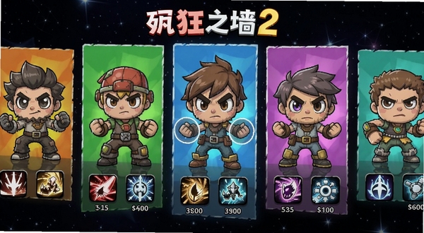 疯狂之墙2角色选择界面,展示多个卡通风格角色立绘,每个角色下方标注技能图标与等级,背景为暗色星空,突出角色主体,画面精致且色彩鲜艳