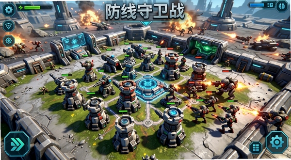 防线守卫战游戏主界面截图,展示基地、防御塔阵列与进攻的敌人,画面风格明亮,细节丰富,背景为科幻战场。