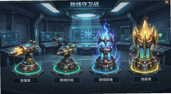 防线守卫战防御塔升级界面,展示多种不同类型的防御塔及其升级后的炫酷造型,背景为科技感十足的研究室。
