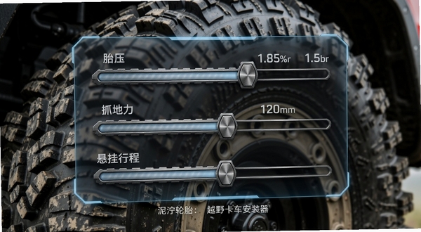 背景是越野轮胎的特写纹理,前景浮现出半透明的参数调节面板,面板上有“胎压”、“抓地力”、“悬挂行程”三个滑动调节条,数值分别显示为1.8bar、85%和120mm,调节条设计带有金属质感,整体氛围科技感十足,暗示“泥泞轮胎:越野卡车安装器”的专业调校能力。