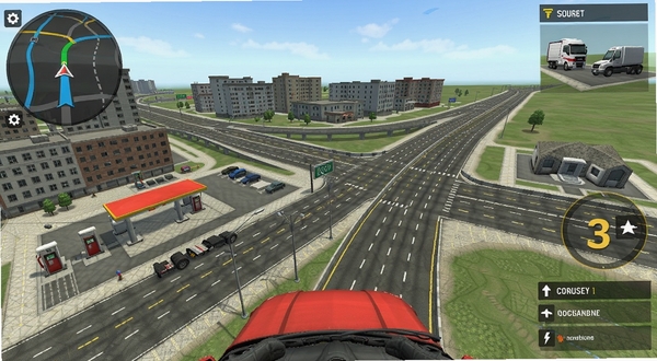 卡车模拟器3d自由驾驶模式地图预览,显示城市街道与高速公路交汇,有加油站和休息区标志,游戏界面带有导航地图和任务提示框,风格简约清晰