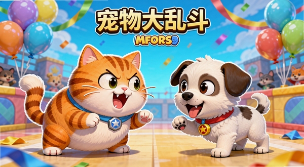 宠物大乱斗游戏主界面,画面中央是一只圆滚滚的橘猫和一只白色小奶狗正在对峙,背景是色彩明快的卡通竞技场,场地有彩色气球和飘带,角色表情生动夸张,画风明亮可爱,细节丰富,适合作为游戏宣传图