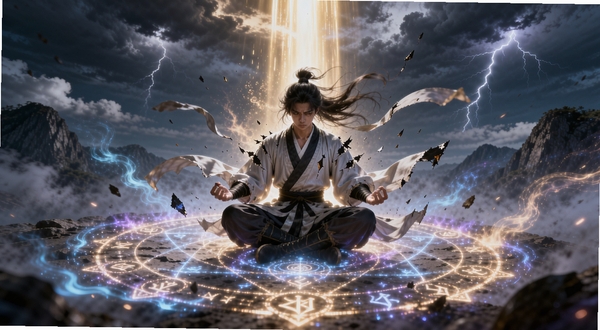 梦幻逍遥境界突破画面,一名修士盘膝坐在巨大的法阵中央,四周灵气汇聚成漩涡,天空雷云密布,一道金色光柱从天而降笼罩角色,碎裂的衣物与飘散的长发展现出突破时的强大气流,画面极具张力,充满玄幻色彩。
