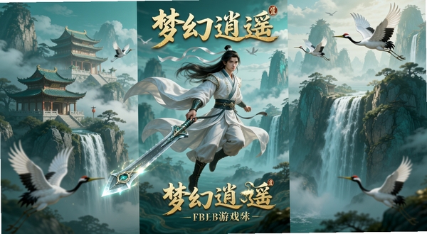 梦幻逍遥游戏整体宣传海报,画面中央一位白衣飘飘的仙侠主角御剑飞行,背景是云雾缭绕的仙山琼阁与壮丽瀑布,远处有飞翔的仙鹤,整体色调以青绿和金色为主,细节丰富,光影层次分明,风格为写实唯美国风,竖版构图,适合作为游戏宣传图。