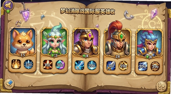 梦幻消除战国际服英雄收集界面,展示一排排卡通风格的角色头像,有动物、精灵、战士等,界面背景为魔法书页风格,每个英雄卡片下方有技能图标和属性数值,色彩丰富,UI布局清晰,细节精致,游戏截图。