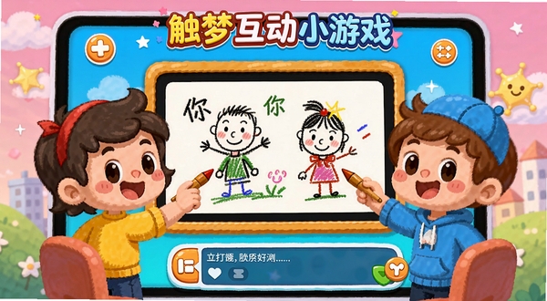 触梦互动小游戏界面,两个卡通人物正在玩你画我猜游戏,屏幕上显示绘画板与聊天框,色彩明快,界面充满欢乐氛围,体现游戏与社交结合的特性