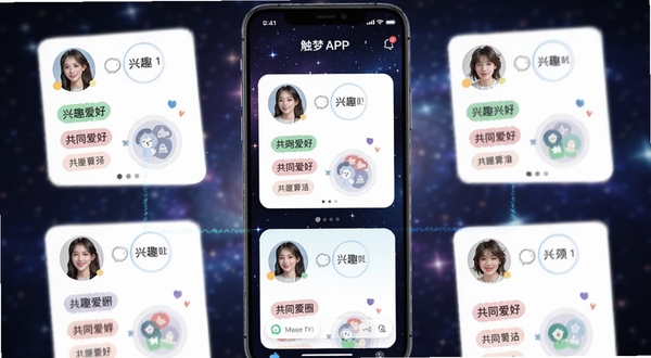 触梦APP界面展示智能匹配功能,屏幕上有多个用户卡片,每个卡片包含头像、兴趣标签和共同的爱好圈,背景为动态模糊的星空图案,色彩明亮活泼,突出推荐算法的精准与界面清爽