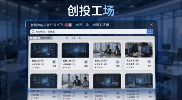 创投工场智能筛选功能截图模拟,展示分类标签与搜索栏,画面中央是项目卡片列表,背景虚化处理,突出软件名称创投工场,科技感蓝色调