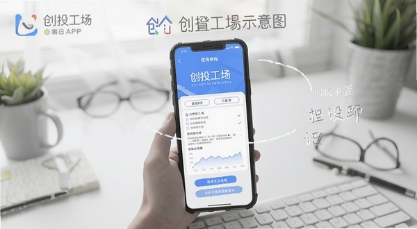 创投工场APP使用教程示意图,展示手机操作界面与设置选项,背景为简洁桌面,光线明亮,突出软件名称创投工场