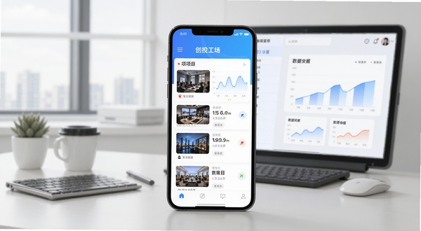 创投工场APP界面总览,展示首页项目列表与数据图表,背景为简约办公桌面,突出软件名称创投工场,明亮色调,现代感设计