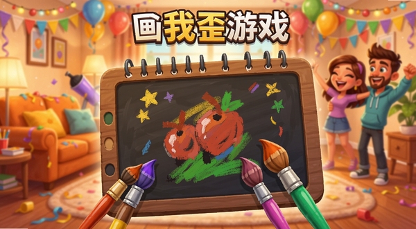 你画我歪游戏主界面预览图,生动的卡通风格,画面中央是画板与彩色画笔,背景是明亮的客厅派对场景,暖色调,充满欢乐氛围,适合游戏宣传图