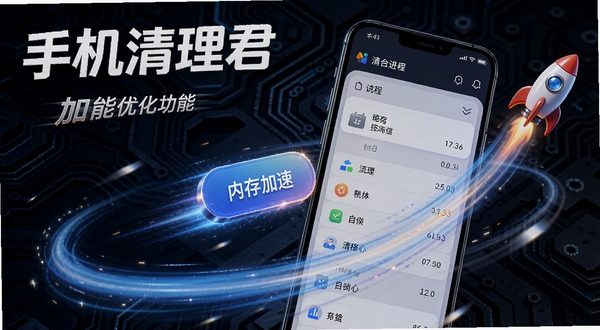 手机清理君性能优化功能界面展示,手机屏幕显示内存加速按钮与后台进程列表,周围有流畅的速度线条和火箭图标装饰,背景为深色科技纹理,突出软件名称与加速主题,画面富有动感,色彩对比强烈