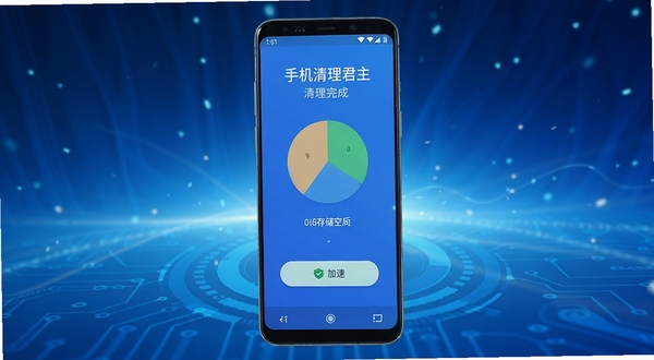 手机清理君主界面展示,画面中央是一部安卓手机屏幕显示清理完成后的存储空间饼图与加速按钮,背景为渐变蓝色科技感光效,整体风格清爽明亮,突出手机清理君软件名称与清理功能,画面干净整洁,无多余文字