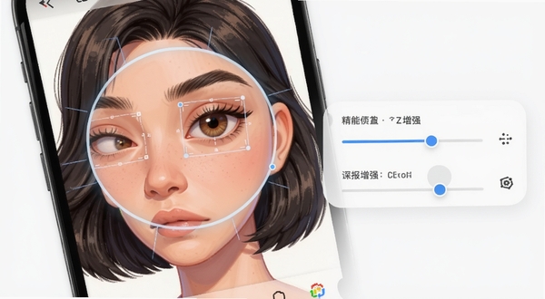 DeepAI智能绘画精细化修图功能场景图,画面展示手机屏幕中一张人像插画,脸部区域被高亮放大,显示正在自动修复眼睛和头发细节,周围有清晰度增强的调节选项,背景干净整洁,突出软件的智能优化能力