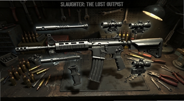 展示Slaughter: The Lost Outpost的枪械改装界面,画面中央是一把分解状态的突击步枪,周围悬浮着可替换的枪管、握把与瞄准镜部件。背景是杂乱的工作台,上面散布着弹药与工具,整体光线较暗,通过高亮效果突出枪械金属质感与改装部件的细节。