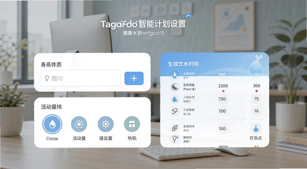 健康水立方智能计划设置页面,展示身高体重输入框、活动量选择图标和生成的饮水时间表卡片,背景为室内办公场景,配色柔和,突出个性化定制功能