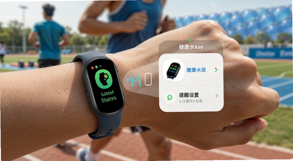 健康水立方连接智能手环的界面,展示同步状态、手环图标与提醒设置选项,背景为运动场景,用户手腕佩戴手环,突出多设备协同的便利性