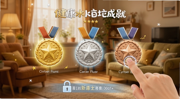 健康水立方成就勋章页面,展示金色、银色、铜色不同勋章图标,背景为温馨居家环境,用户手指点击解锁新成就的瞬间,画面充满成就感与趣味性